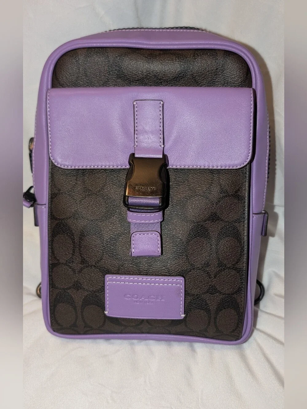 COACH LEATHER AND SIGNATURE COATED CANVAS TRACK PACK Purple Brown CL432 EUC